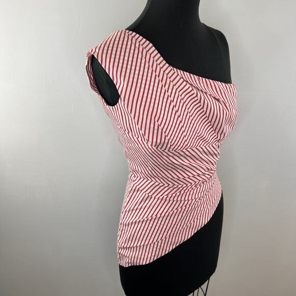 Petersyn NYC Red White Striped One Shoulder 100% Cotton Asymmetrical Blouse XS - Picture 2 of 7
